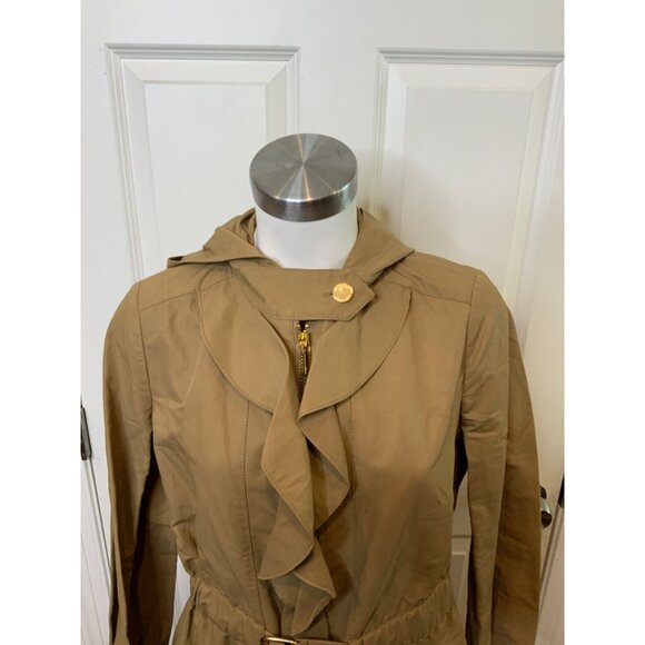 Tory Burch Long Brown Hooded Trench Coat W/ Ruffle Front, Size 6 - Picture 2 of 6